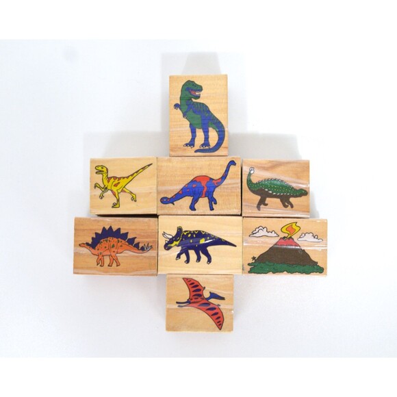 Melissa & Doug Dinosaur Wooden Stamps 8pc Set Prehistoric T-Rex Volcano - Picture 1 of 2